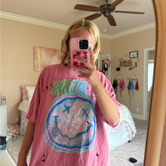 Pink Graphic Tee with Smiley Face - Picture 1 of 5